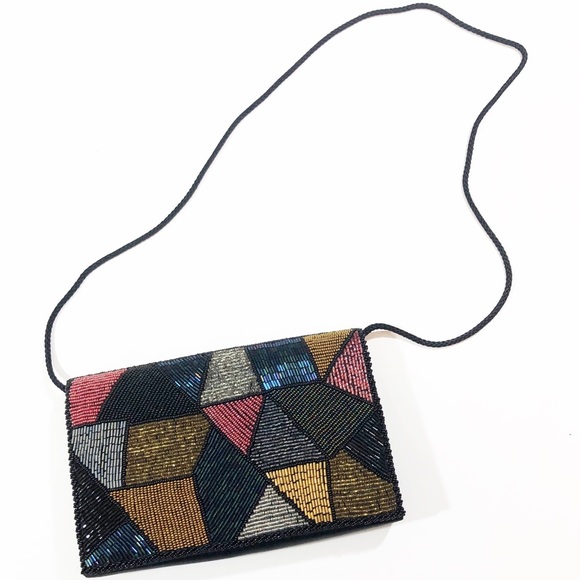 Handbags - Vintage Beaded Black Satin Envelope Purse